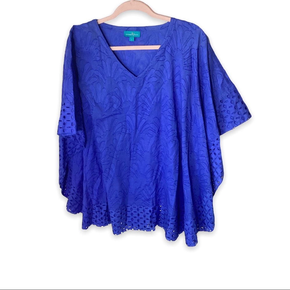 Southern Swim Coverup‎ Blue Eyelet Frock Tunic 100% Cotton Large